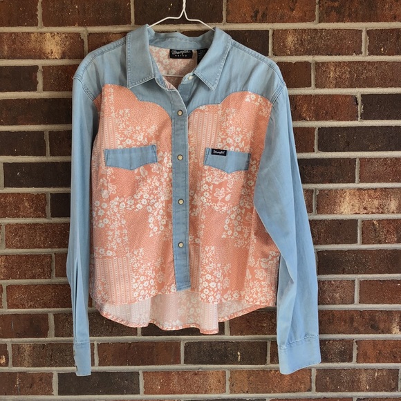 Wrangler RETRO Chambray Denim Button down Western Peach Shirt L - Picture 2 of 9